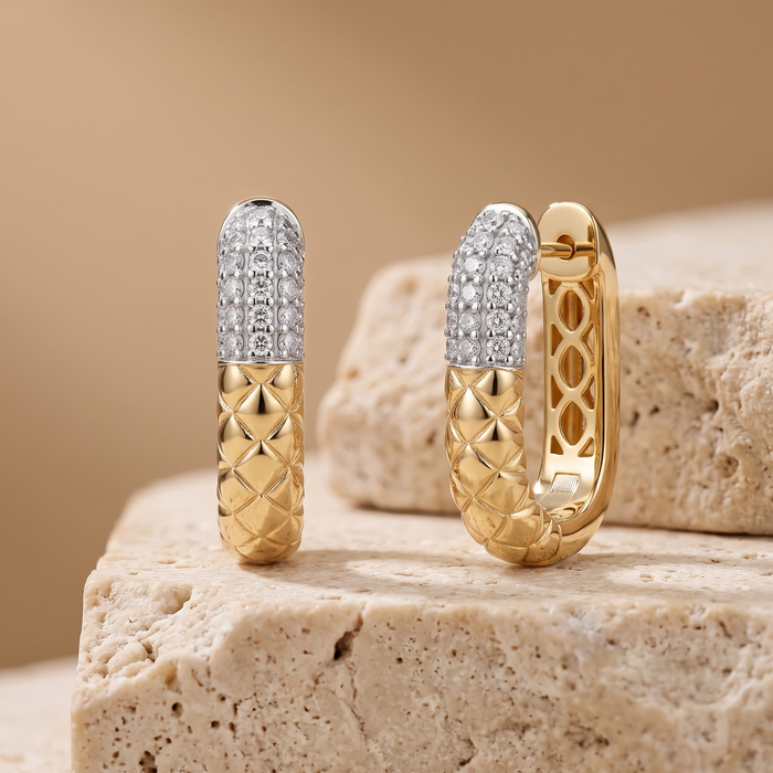 Two Tone Quilted Diamond Accent Earrings in 14K Yellow Gold