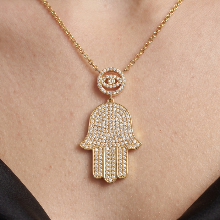 Pretty Round Diamond Hamsa Eye Necklace in 14K Gold