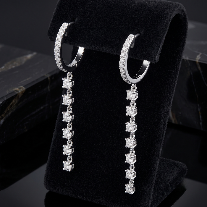 Diamond Huggie Chain Drop Earrings in 14K White Gold