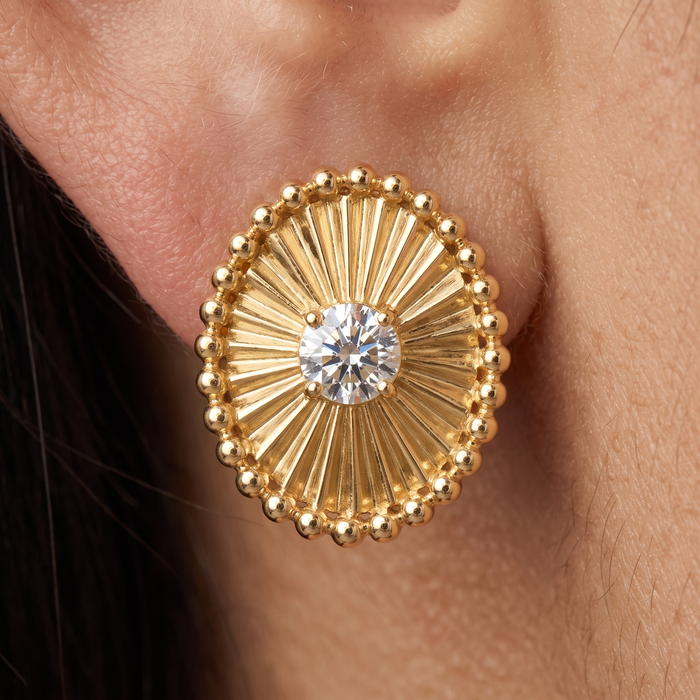 Radiant Beaded Oval Diamond Stud Earrings in 14K Yellow Gold