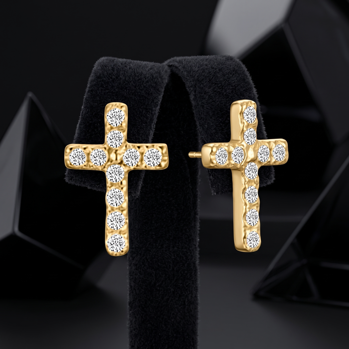 Cross Shape Diamond Stud Earrings in 14K Yellow Gold