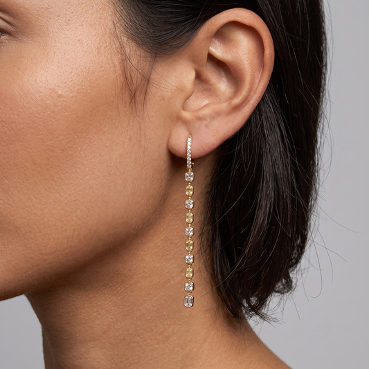 Asscher and Emerald Cut Diamond Delicate Modern Earrings in 18K Yellow Gold