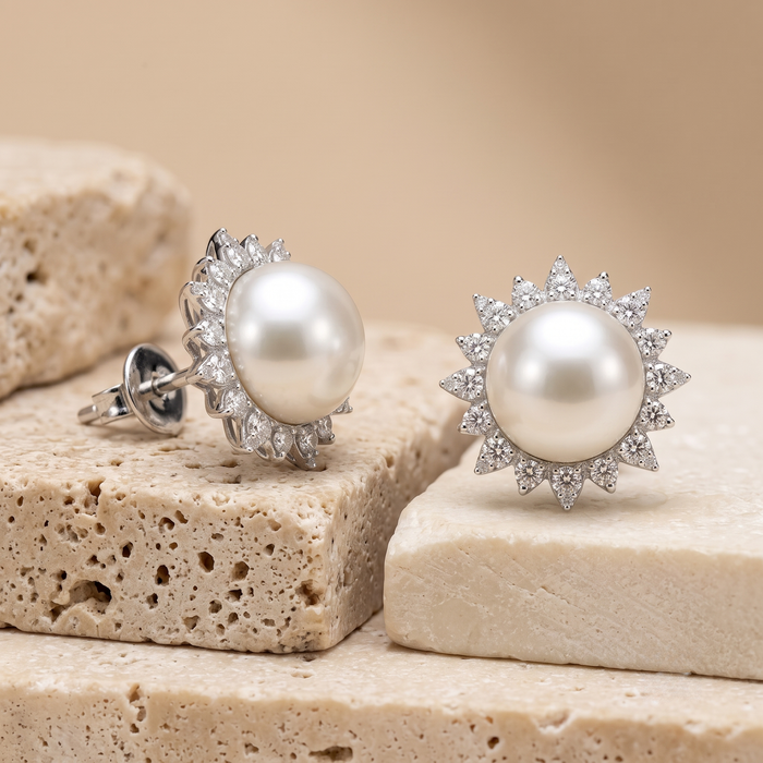 Pearl Halo 14K White Gold Statement Diamond Earrings