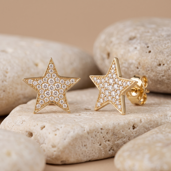 Pristine Diamond Star Stud Earrings in 14K Yellow Gold