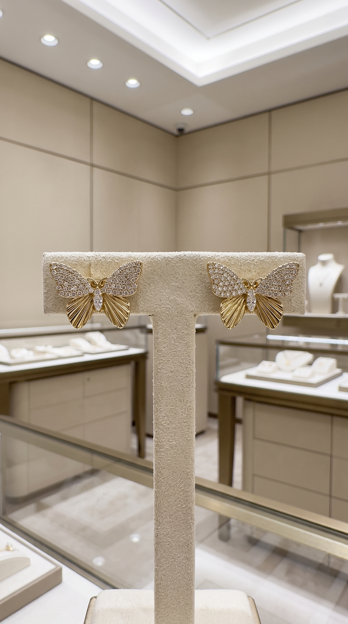 Butterfly Decorative Diamond Stud Earrings in 14K Yellow Gold