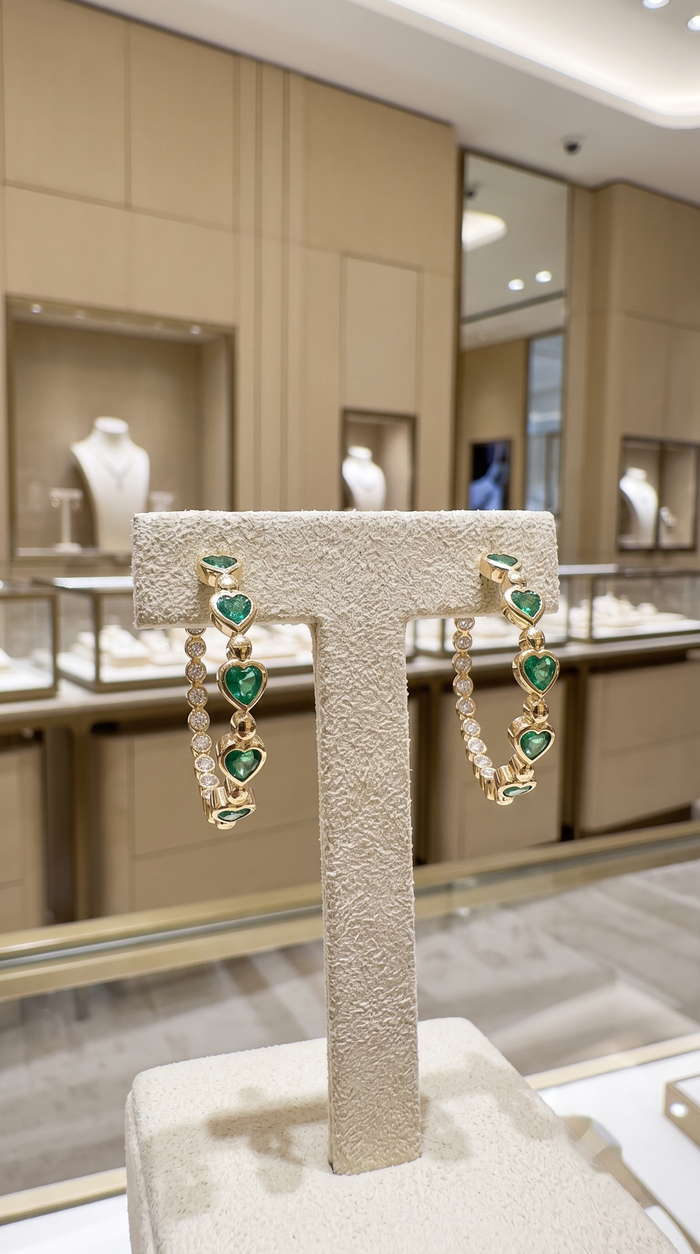 Emerald Embrace Heart Hoop Earrings in 14K Yellow Gold