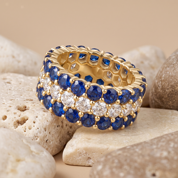 Blue Sapphire Diamond Eternity Band Ring in 14K Yellow Gold