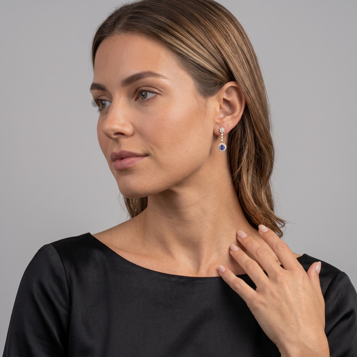 Blue Sapphire Halo Drop Earrings in 14K Yellow Gold