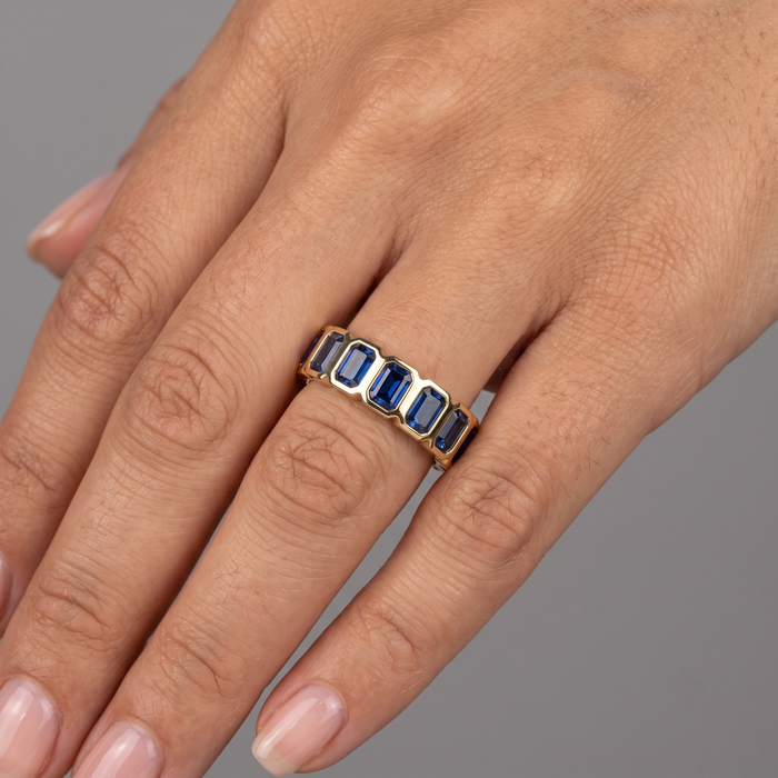 Royal Blue Emerald-Cut Sapphire Eternity Band Ring in 14K Yellow Gold