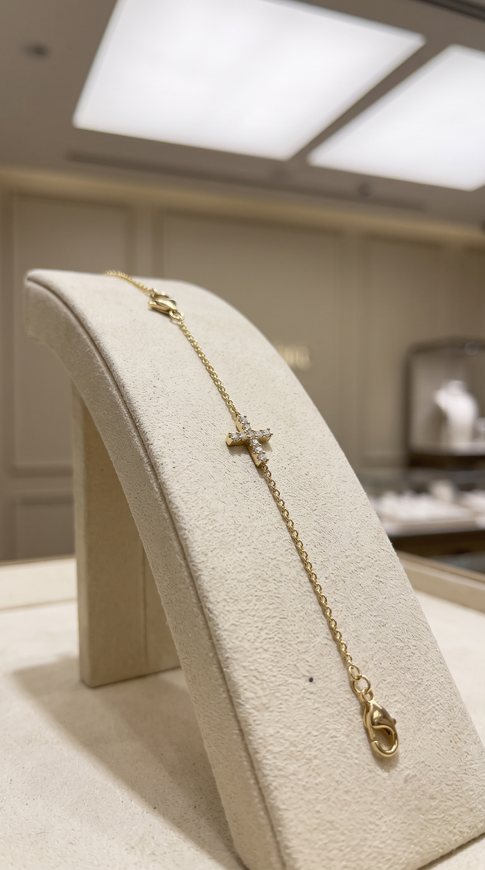 Diamond Cross Charm Bracelet in 14K Yellow Gold