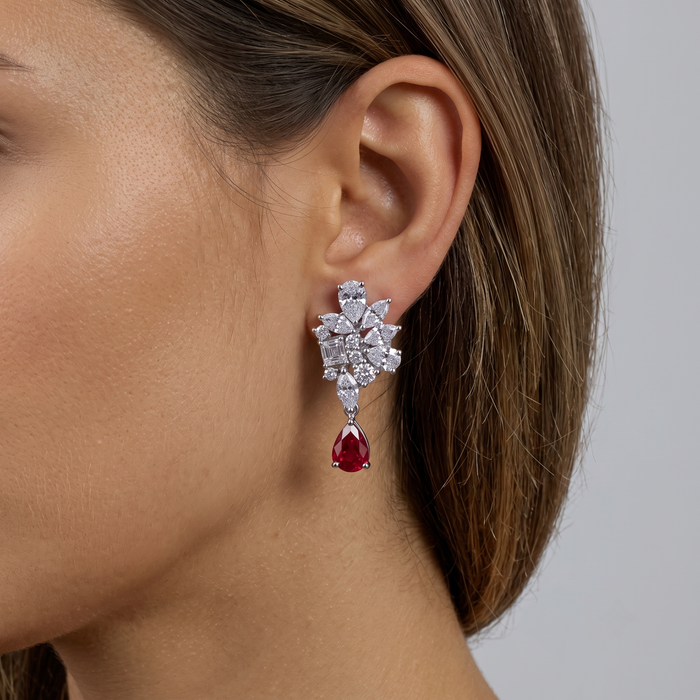 Floral Cluster Diamond Ruby Drop Earrings in 18K White Gold