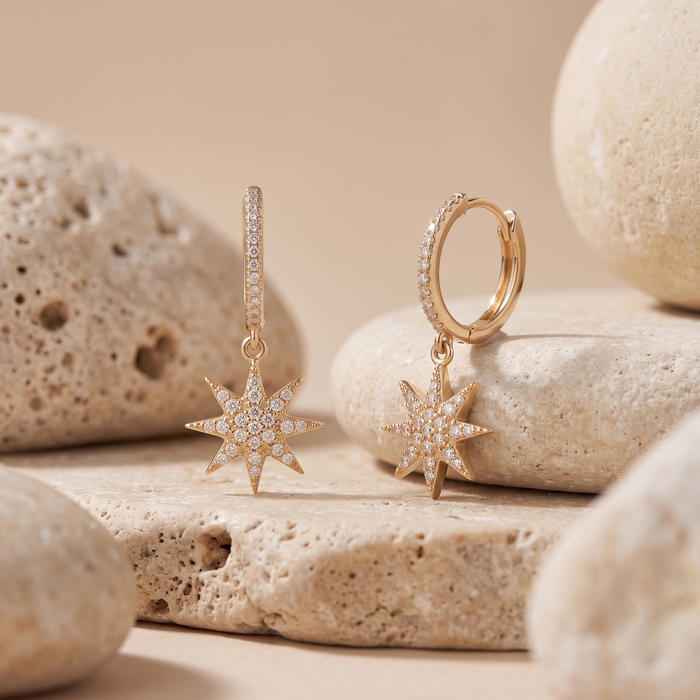 North Star Diamond Drop Huggie Earrings in 14K Yellow Gold