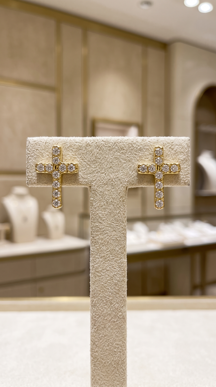 Cross Shape Diamond Stud Earrings in 14K Yellow Gold