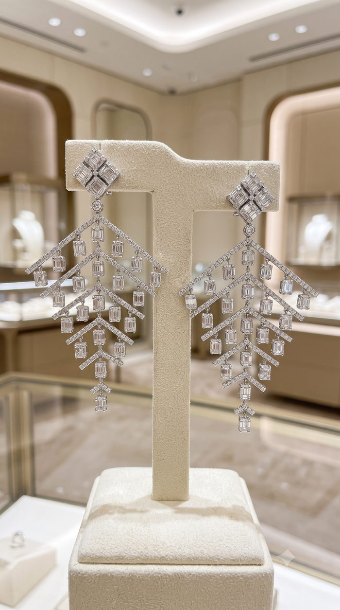 Round Diamonds Chandelier Earrings in 18K White Gold
