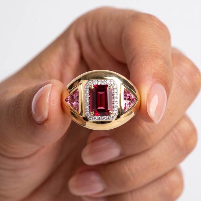 Emerald-Cut Ruby Pink Sapphire Statement Ring in 14K Yellow Gold