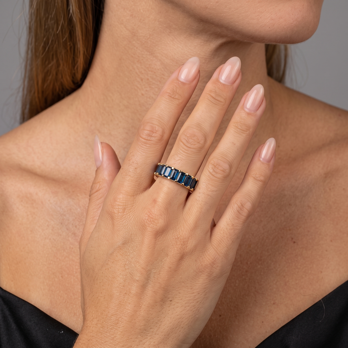 Emerald-Cut Royal Blue Sapphire Eternity Ring in 14K Yellow Gold