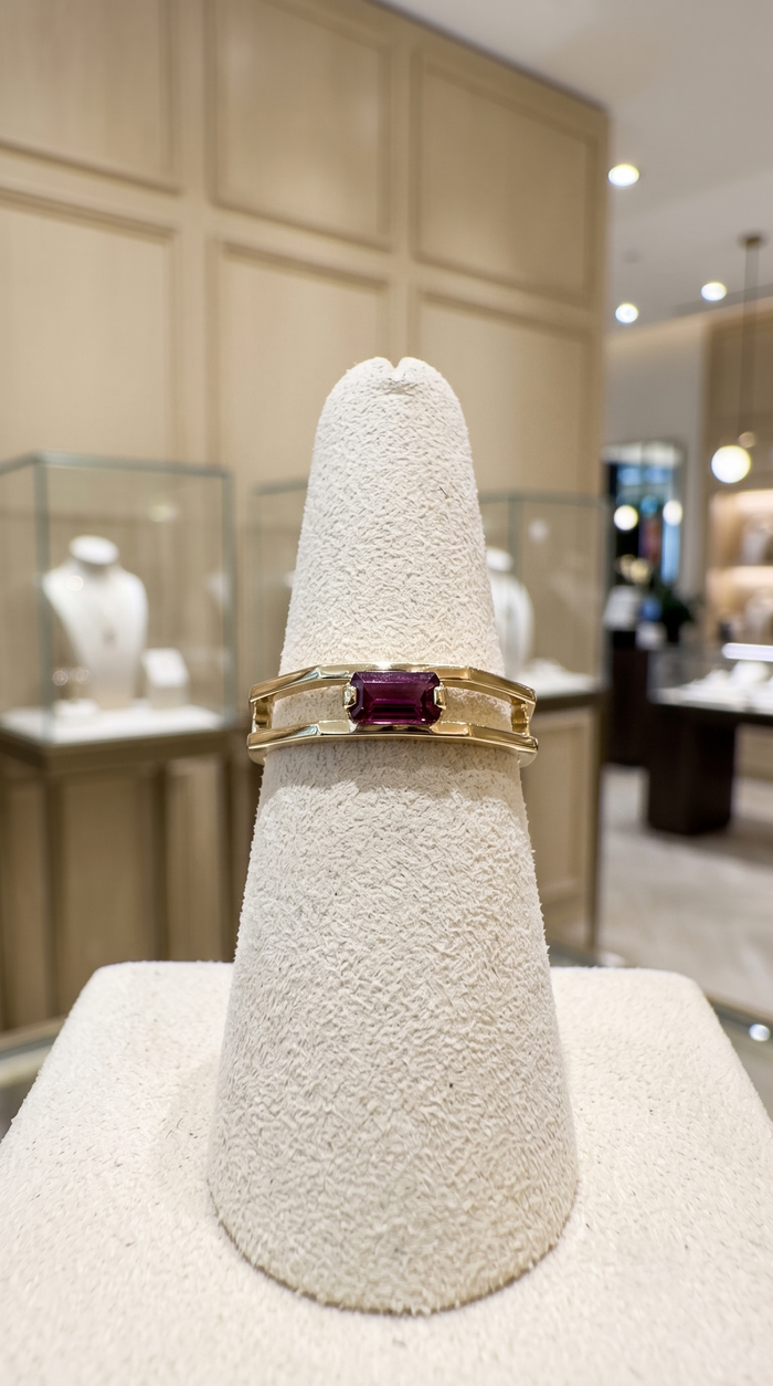 Hexagon Open Band Baguette Ruby Ring in 14K Yellow Gold