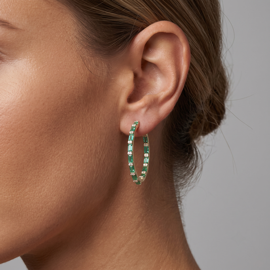 Baguette Burst Diamond Hoop Earrings in 14K Yellow Gold
