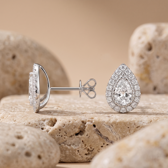 Teardrop Halo Diamond Stud Earrings in 18K White Gold
