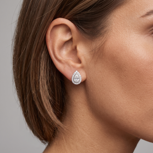 Teardrop Halo Diamond Stud Earrings in 18K White Gold