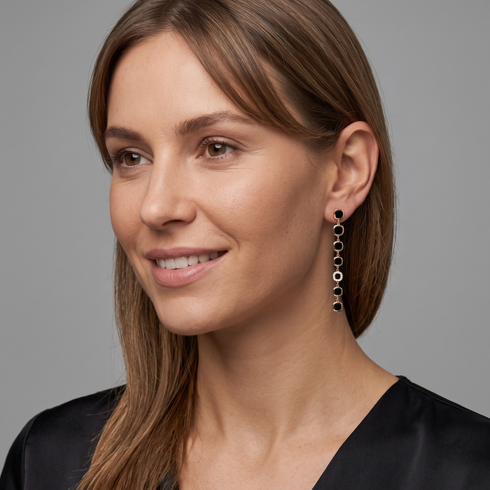 Diamond Black Enamel Drop Earrings in 14K Yellow Gold