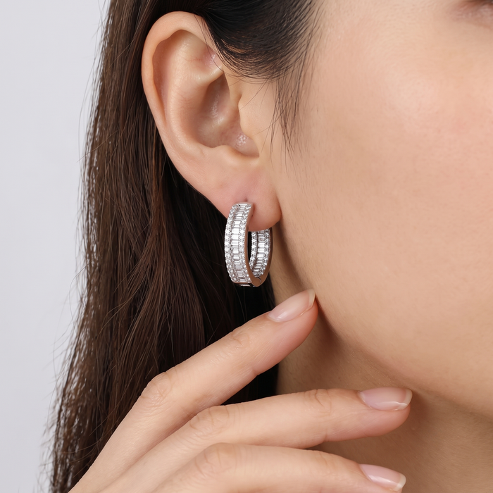 Pave Baguette Diamond Huggie Hoop Earrings in 14K White Gold