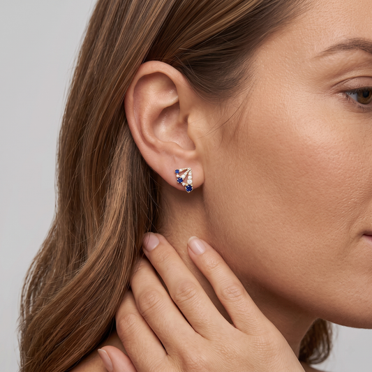 Polished Blue Sapphire Emerald Stud Earrings in 14K Yellow Gold