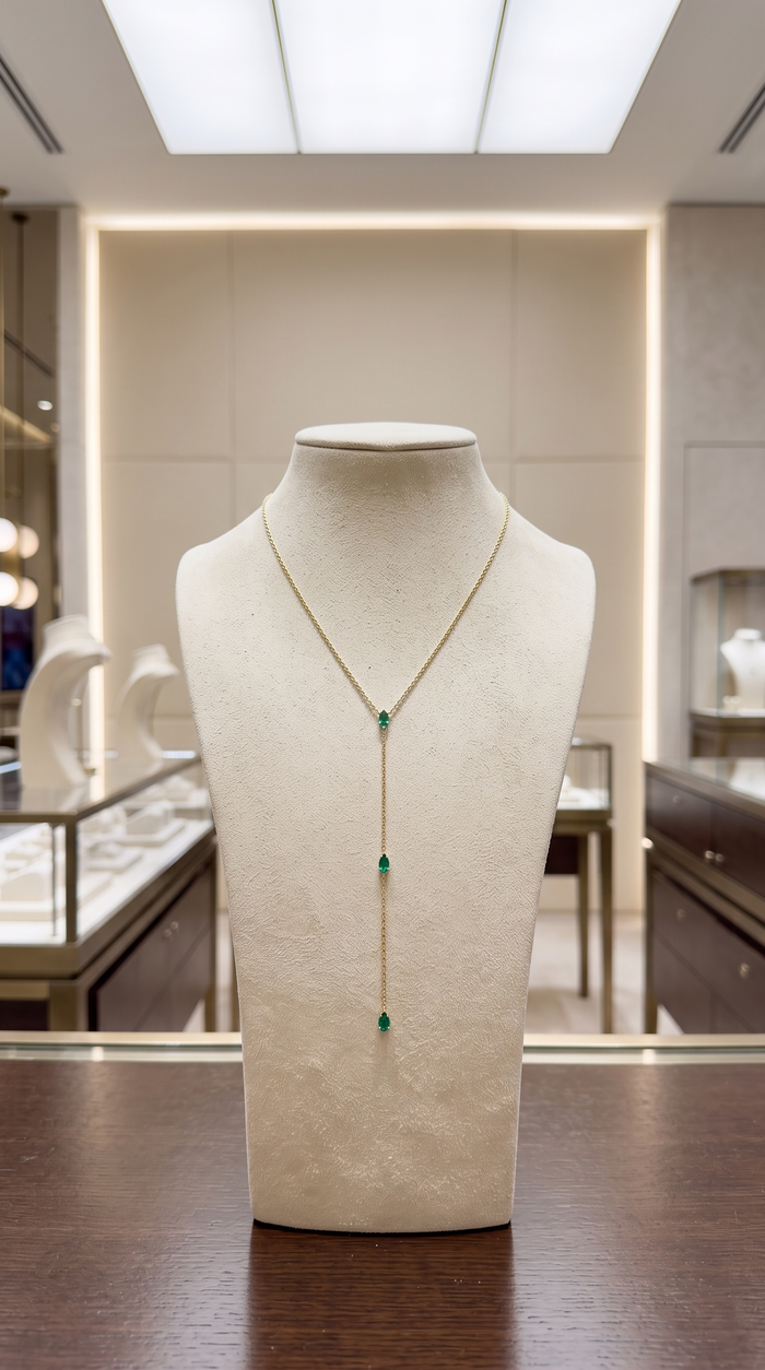 Pear Cut Emerald Drops Lariat Necklace in 14K Yellow Gold