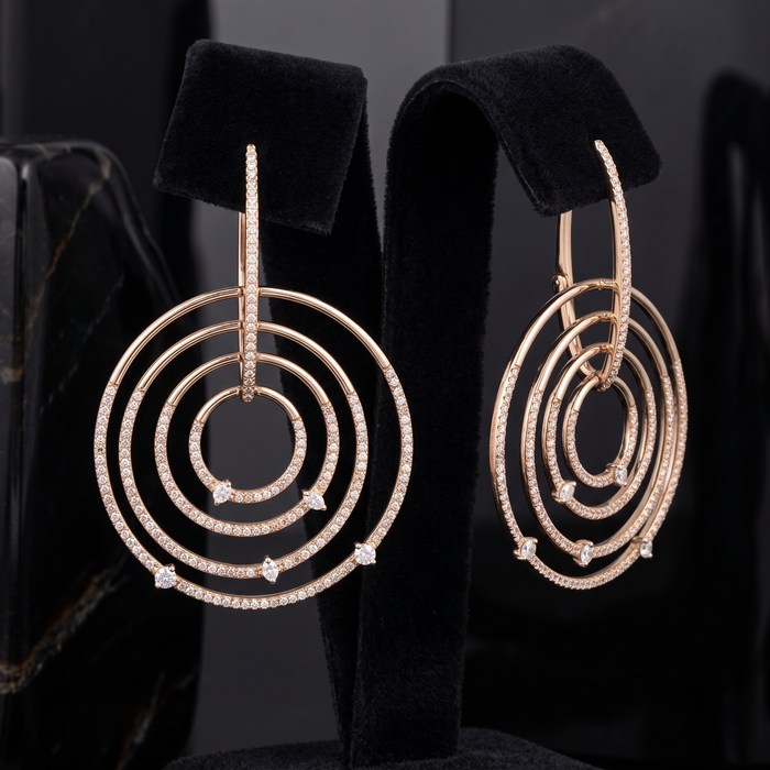 Concentric Circle Diamond 14K (or 18k upon request) Yellow Gold Drop Earrings