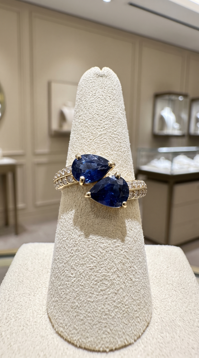 Dual Pear Blue Sapphire 14K Diamond Open Band Ring