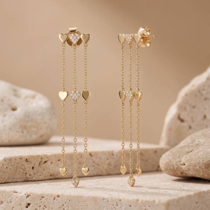 Triple Heart Dangle Diamond 14K (or 18k upon request) Yellow Gold Drop Earrings