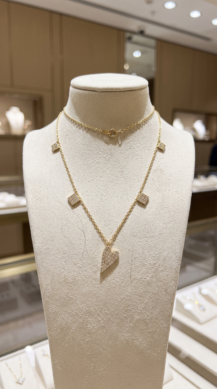 Asymmetrical Diamond Heart Necklace in 14K Yellow Gold
