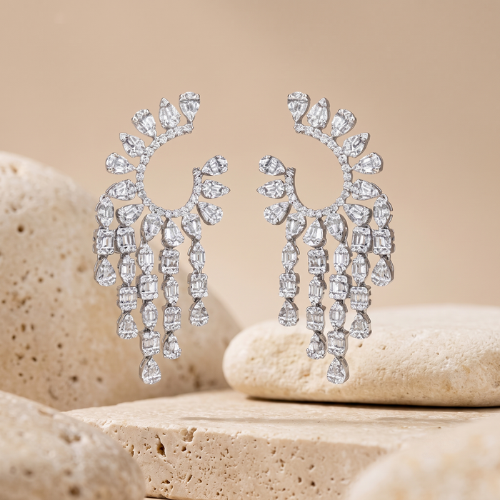 Chandelier Pear Marquise Diamond Statement Earrings in 18K White Gold
