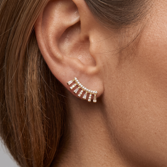 Radiant Sweep Diamond Climber Earrings in 14K Yellow Gold