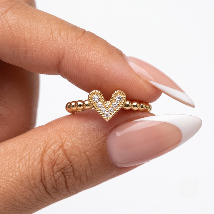 Round Diamond Heart Beaded Ring in 14K Gold
