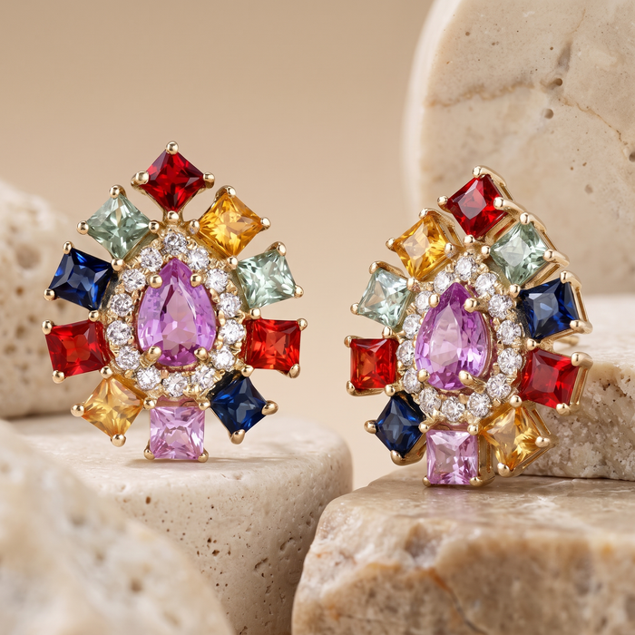 Multi-Sapphire Diamond Stud Earrings in 14K Yellow Gold