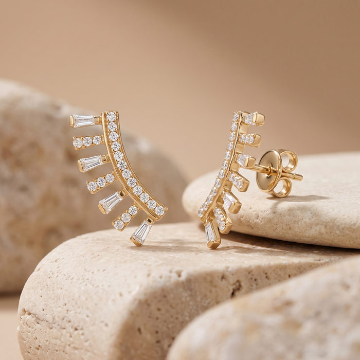 Radiant Sweep Diamond Climber Earrings in 14K Yellow Gold