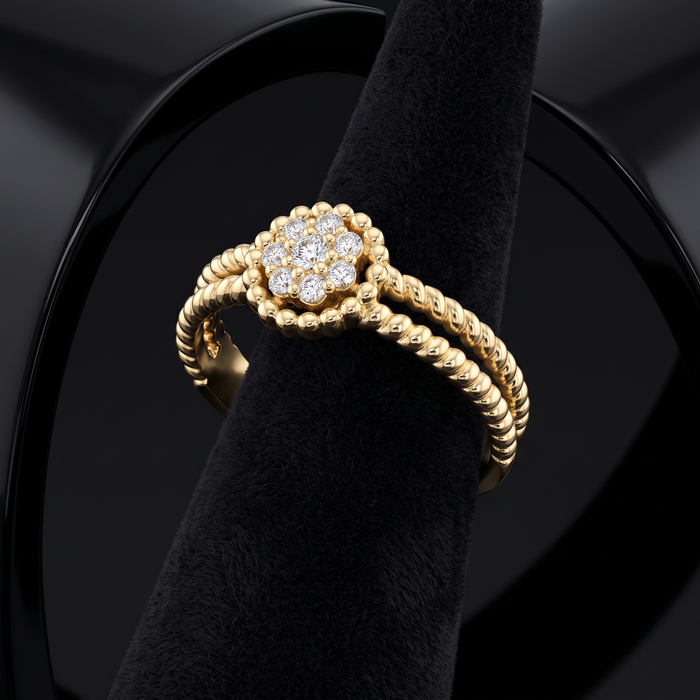 Round Diamond Pave Set Cluster Beaded Ring in 14K Gold