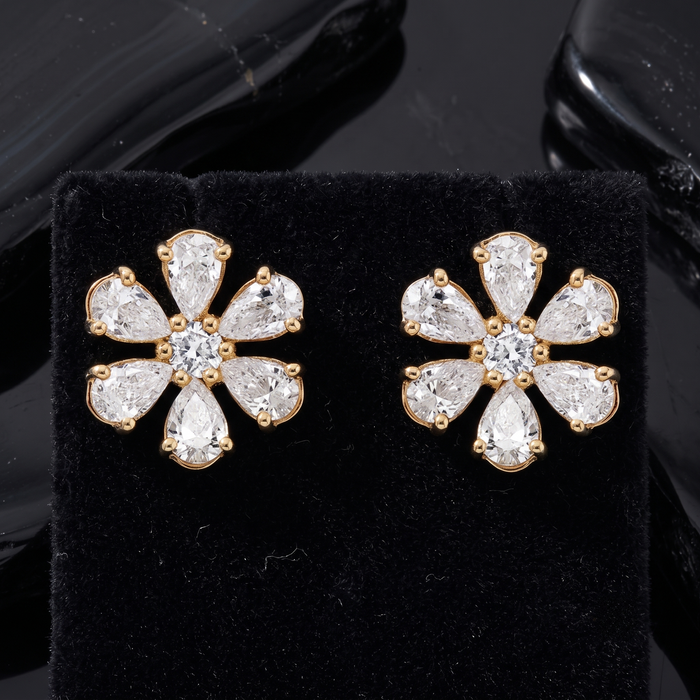 Pear Cut Flower Stud Earrings in 14K Yellow Gold