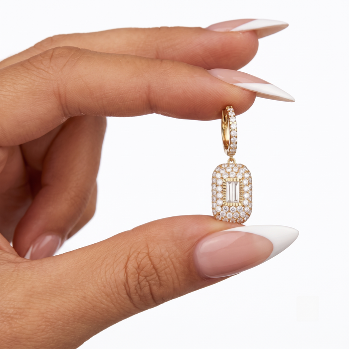 Baguette Round Cut Rectangle Drop Earrings in 14K Gold