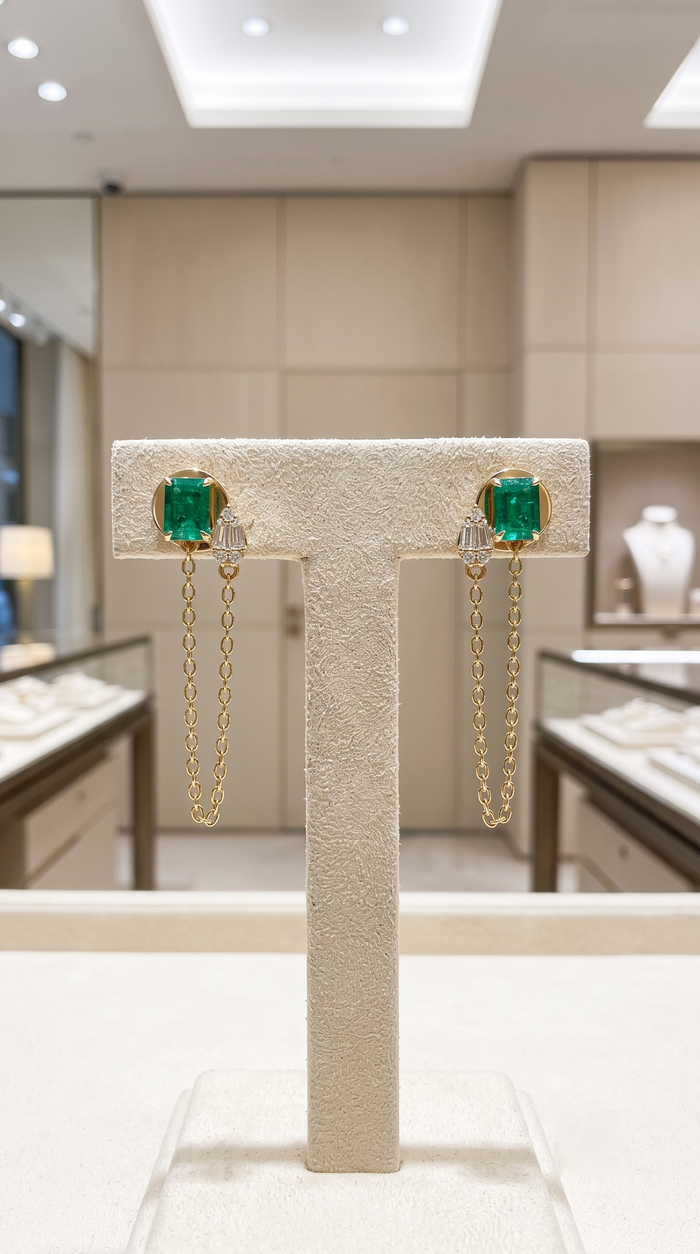 Emerald Cascade Diamond Chain Earrings in 14K Yellow Gold