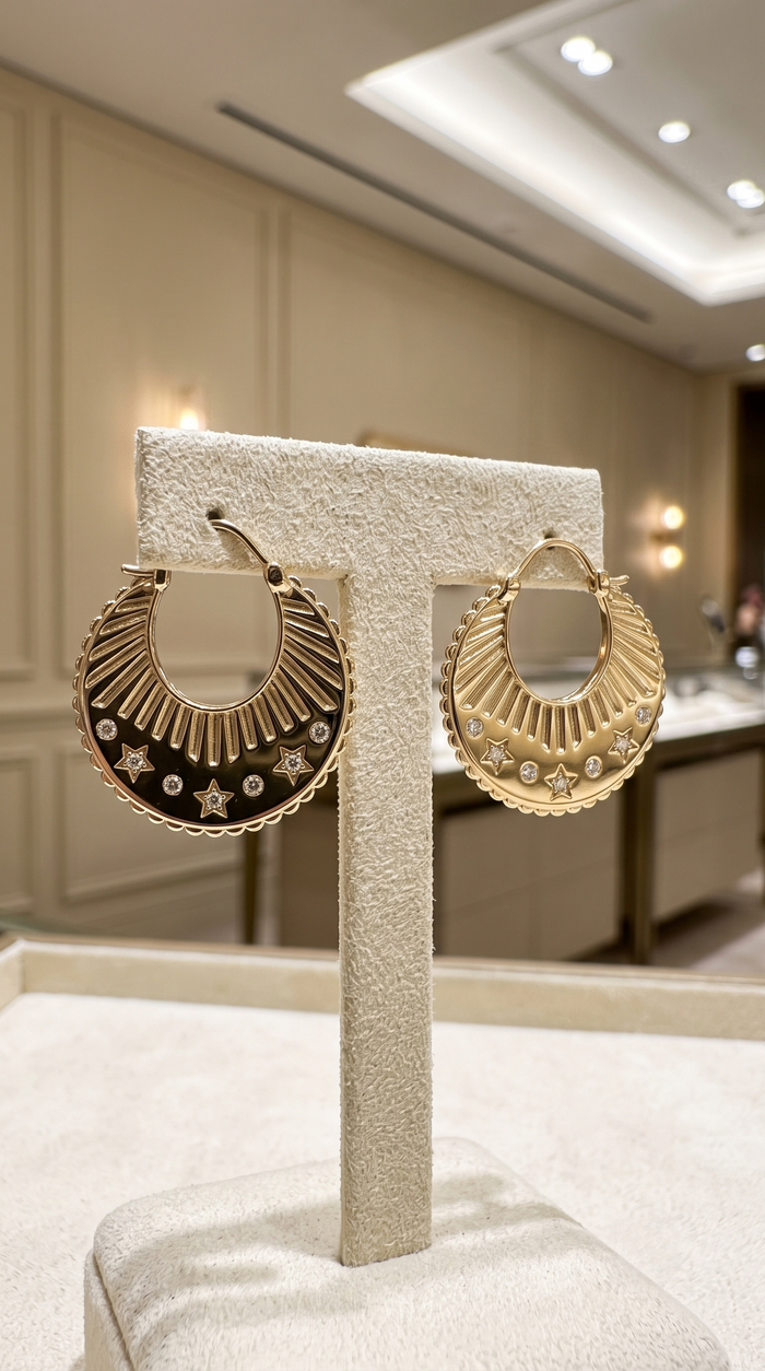 Celestial Etched Starburst Hoop Earrings in 14K Yellow Gold