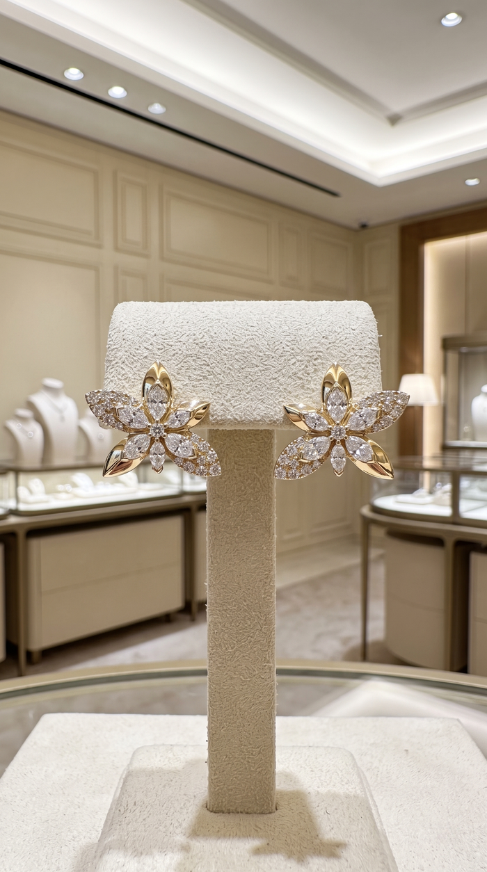 Marquise Diamond Five Petal Flower Stud Earrings in 14K Yellow Gold