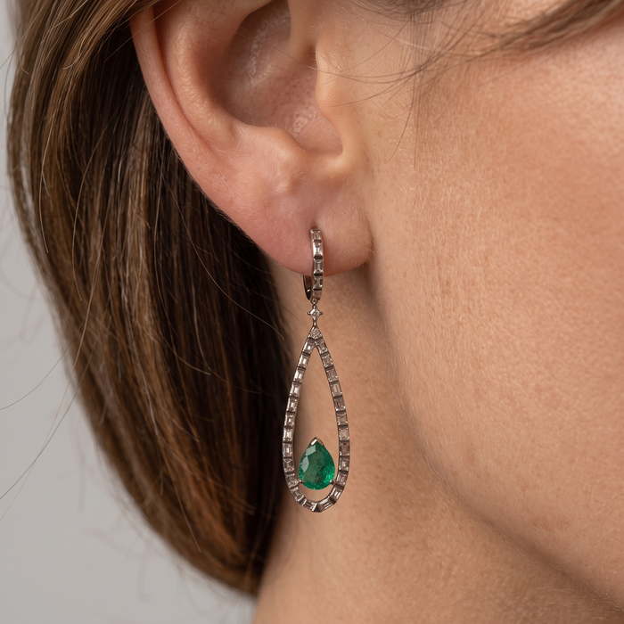 Green Emerald Drop Black Finish Earrings in 18K Yellow Gold