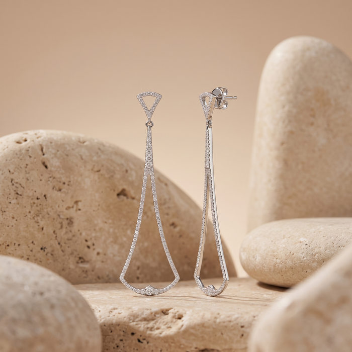 Abstract Diamond Long Drop Earrings in 14K White Gold