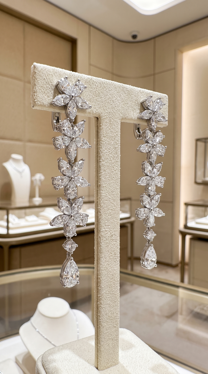 Flowers Petal Diamond Drop Earrings in 18K White Gold