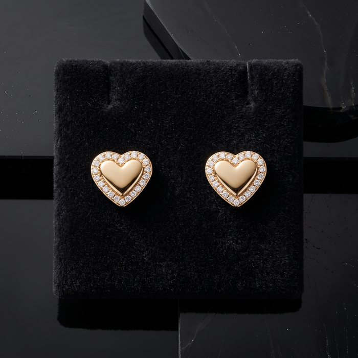 Classic Heart Diamond Stud Earrings in 14K Yellow Gold