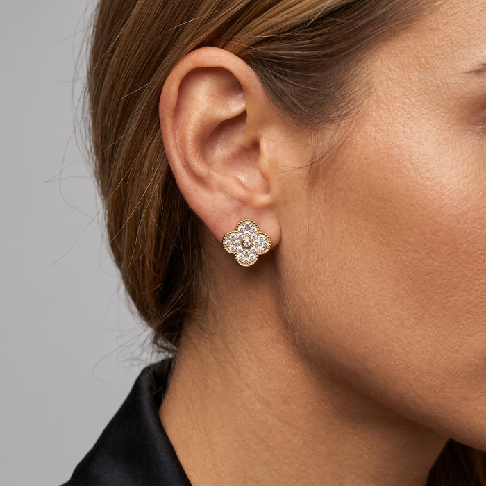 Radiant Pave Diamond Flower Stud Earrings in 14K Gold