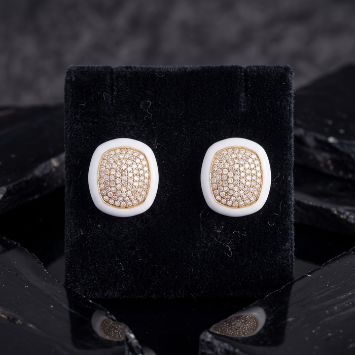 White Enamel Cushion Diamond Pave Stud Earrings in 14K Yellow Gold