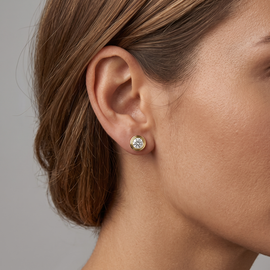 Round Brilliant Bezel Set 18K Yellow Gold Stud Earrings